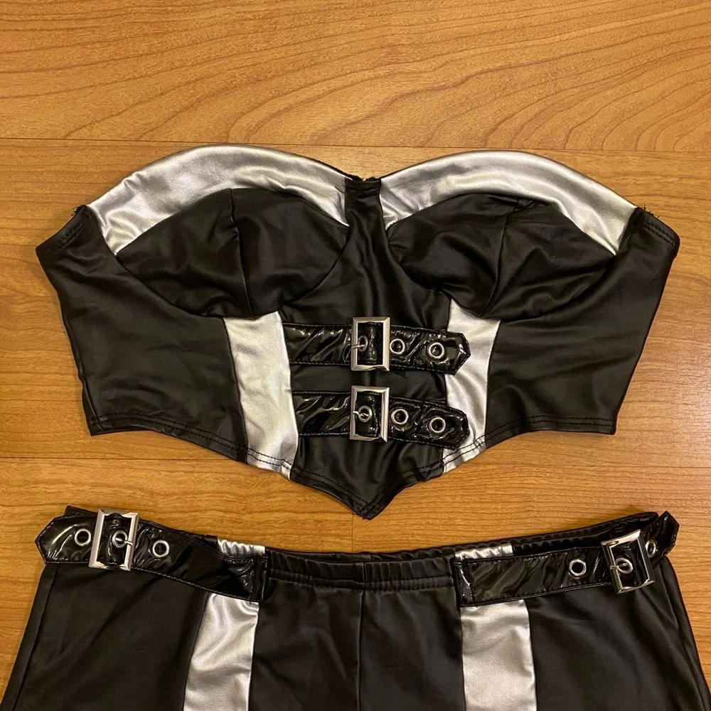 Black Faux Leather & Metallic Silver Buckle Festival Set